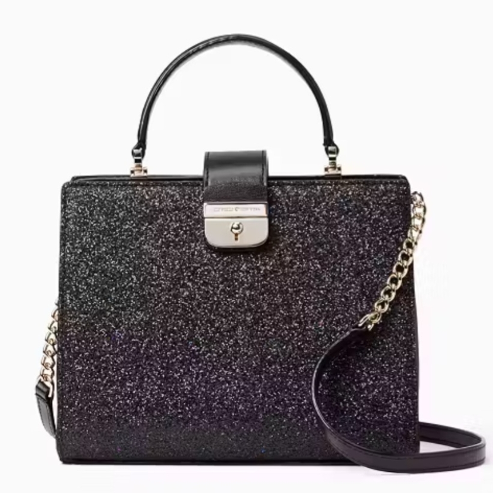 Kate Spade Sunset Lane Kirin Black Glitter Shoulder Bag with Gold Chain